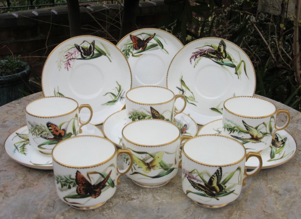 SET OF SIX GEORGE JONES BUTTERFLY CUPS & SAUCERS c1880
