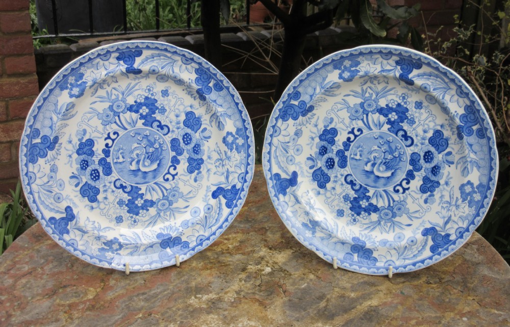 PAIR OF ENGLISH BLUE & WHITE POTTERY SWAN PLATES c1850