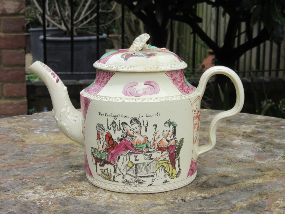 RARE PRODIGAL SON CREAMWARE TEAPOT c1780