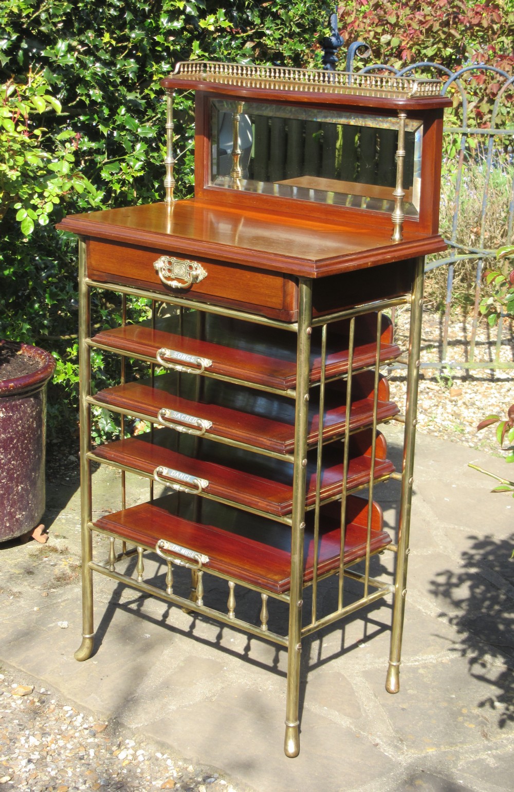 FINE MAHOGANY & BRASS MUSIC CABINET S. HALL & SONS 1888