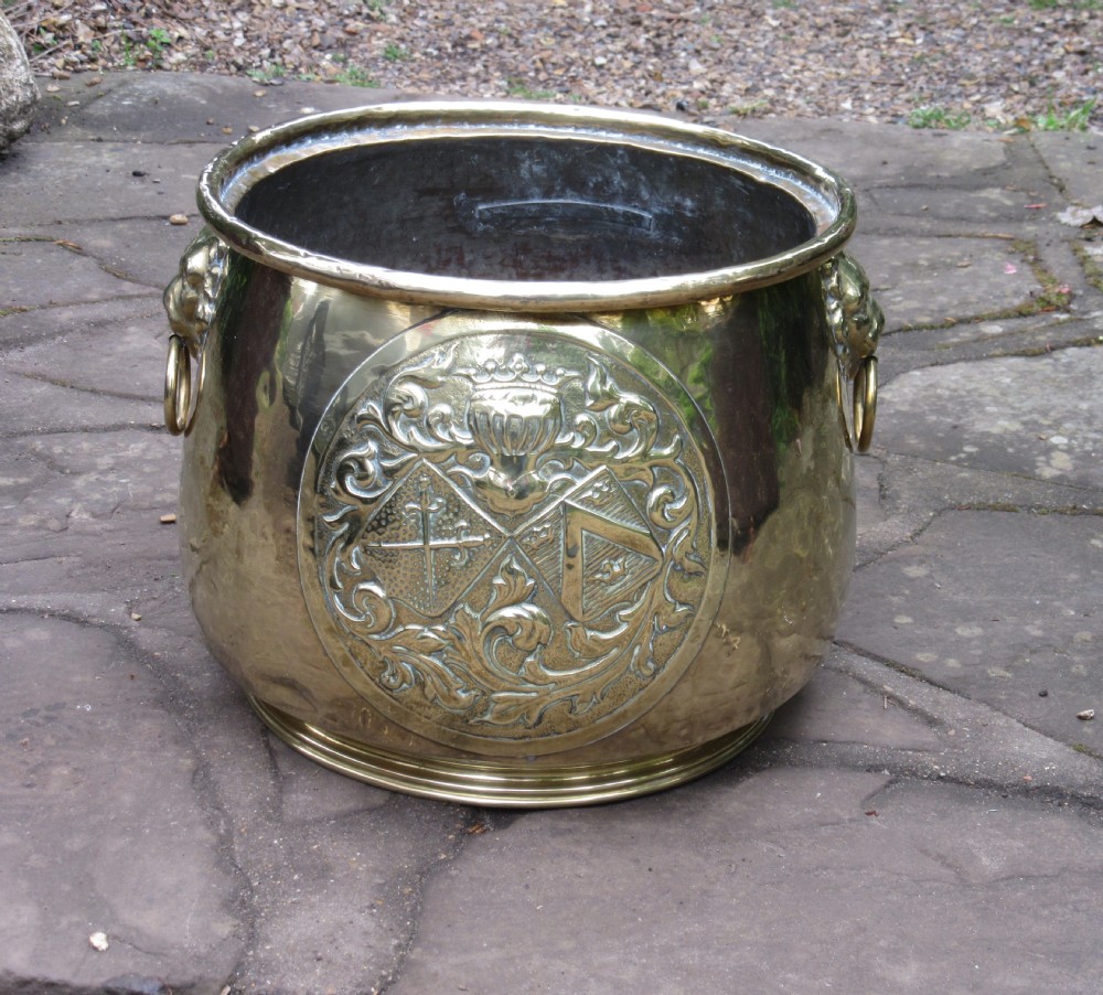 LARGE BRASS ARMORIAL PLANTER WITH LION MASK HANDLES