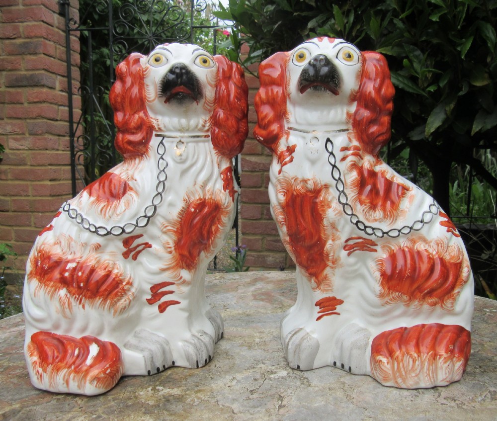 PAIR OF ENGLISH STAFFORDSHIRE RED & WHITE DOGS c1880