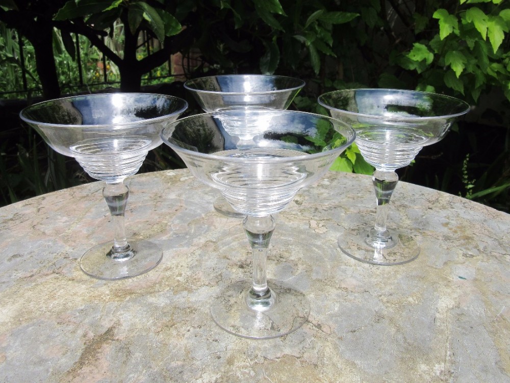 SET OF FOUR ART DECO STUART CRYSTAL CHAMPAGNE SAUCERS