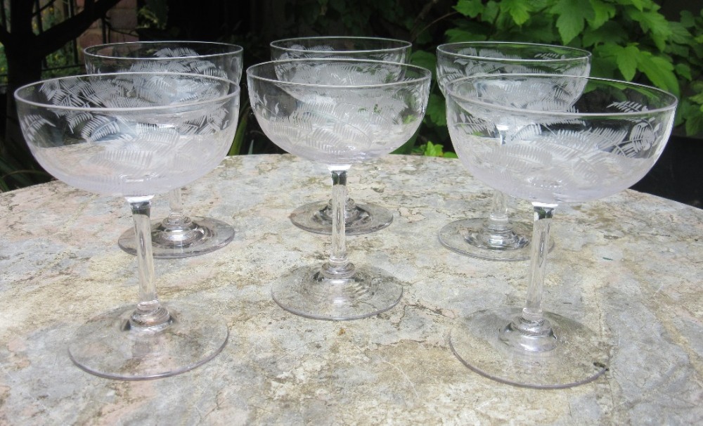 SET OF SIX ANTIQUE ETCHED FERN CHAMPAGNE SAUCERS circa 1910