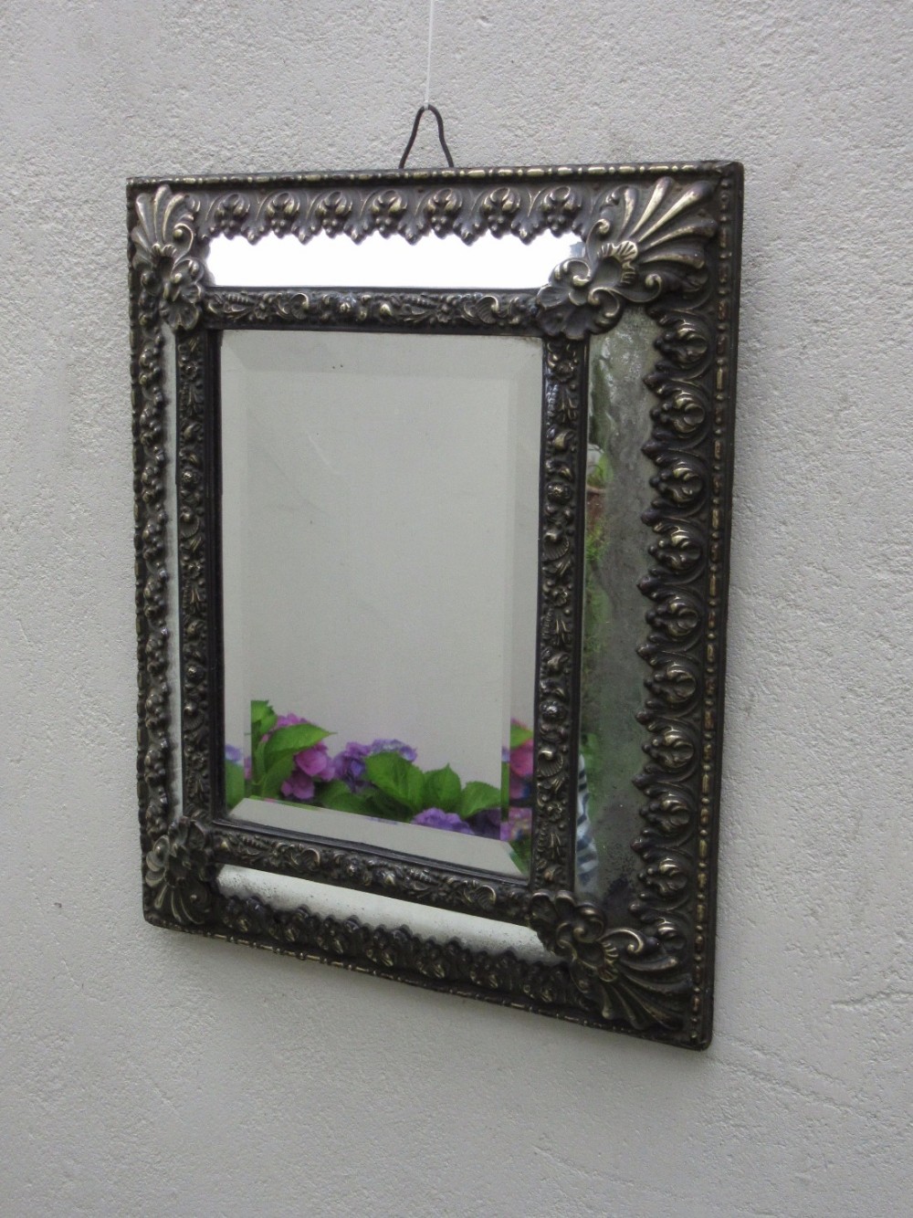 ANTIQUE PRESSED BRASS DUTCH STYLE PANELLED MIRROR