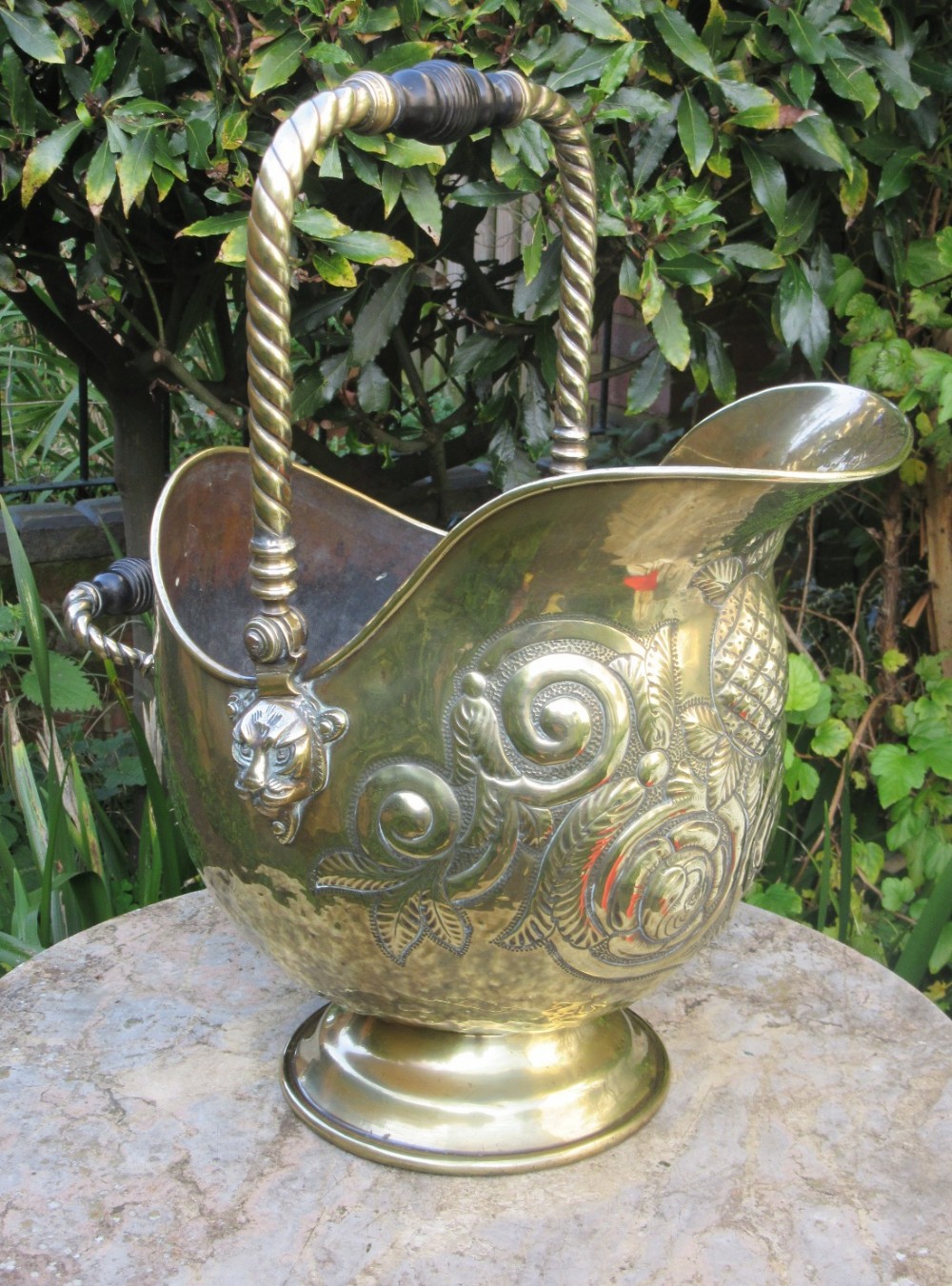 ANTIQUE BRASS COAL SCUTTLE or HELMET by William Souter & Sons of Birmingham