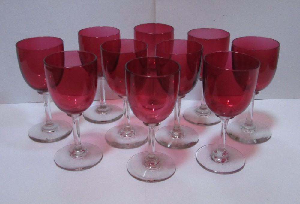 SET OF TEN VICTORIAN CRANBERRY WINE GLASSES c1880