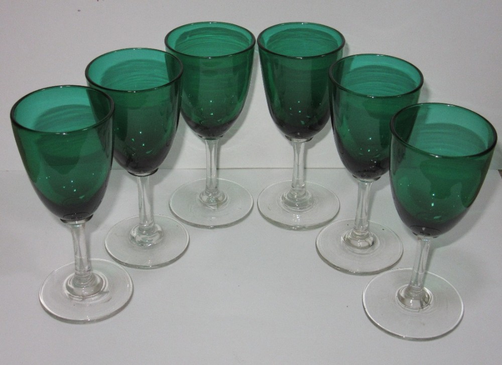 SET OF SIX VICTORIAN GREEN WINE GLASSES c1880