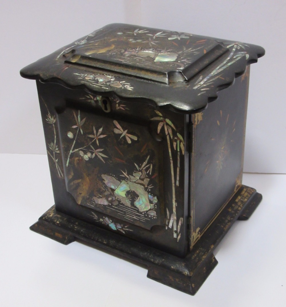VICTORIAN PAPIER MACHE MOTHER OF PEARL JEWELLERY CABINET c1860