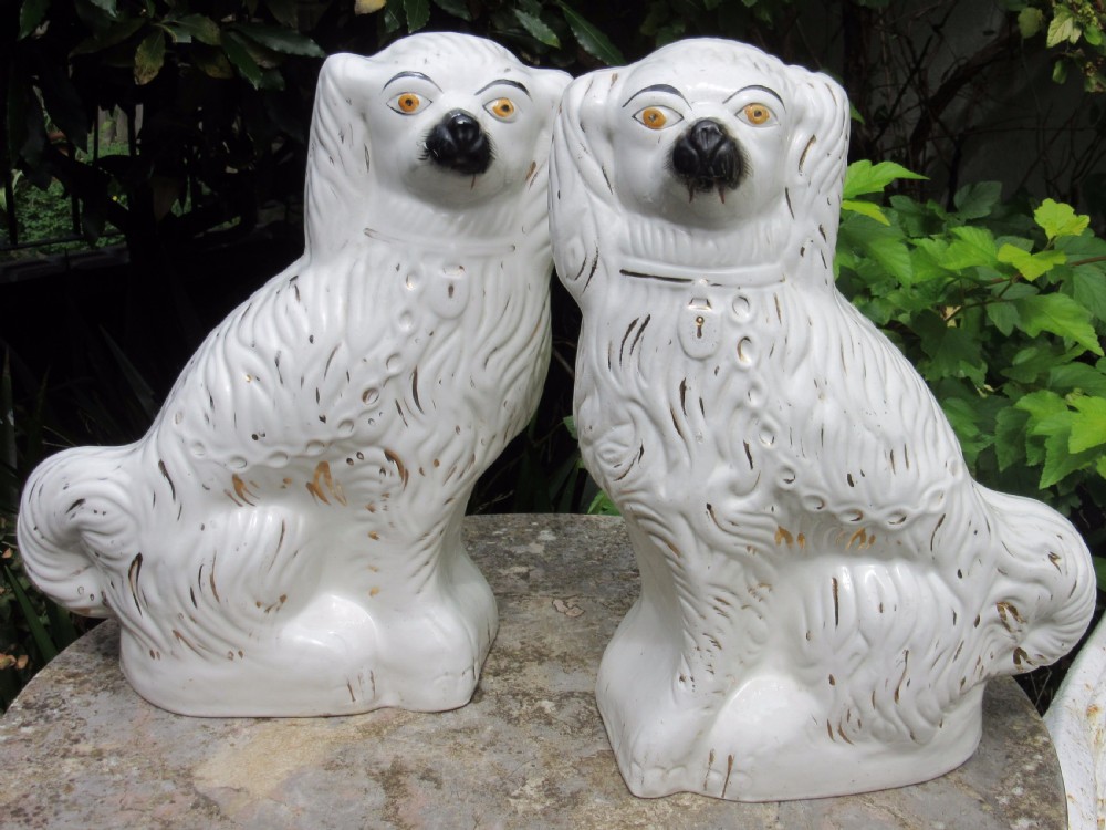 LARGE PAIR OF STAFFORDSHIRE WHITE & GILT DOGS c1880