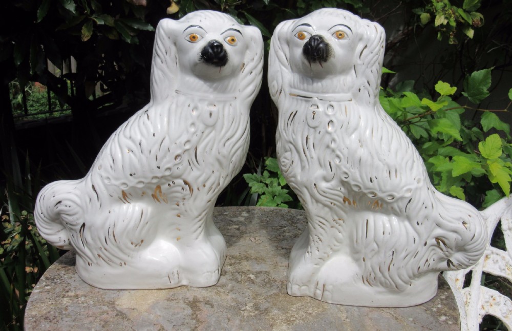 LARGE PAIR OF STAFFORDSHIRE WHITE & GILT DOGS c1880 View III