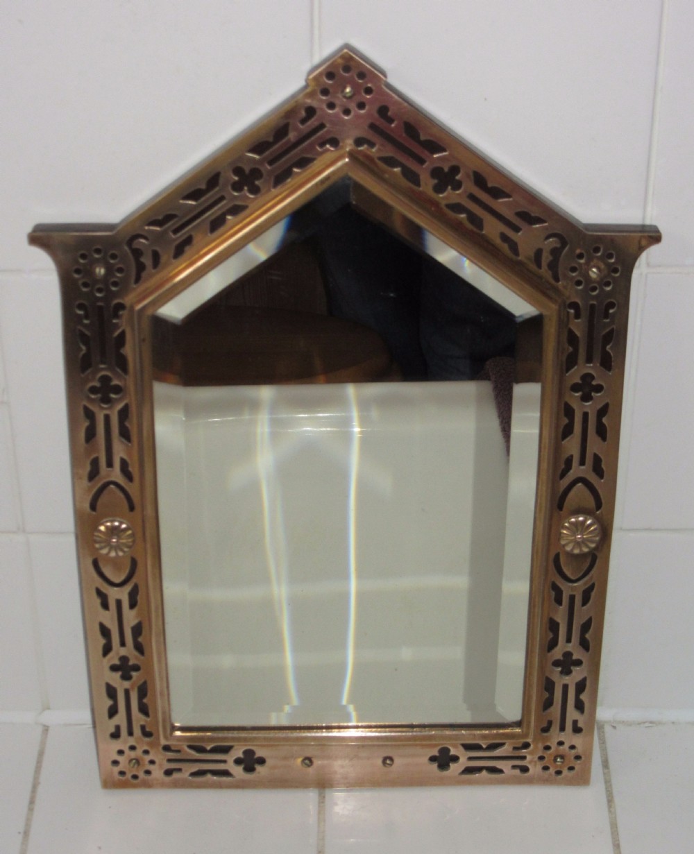 SMALL EDWARDIAN CUT BRASS WALL MIRROR c1910