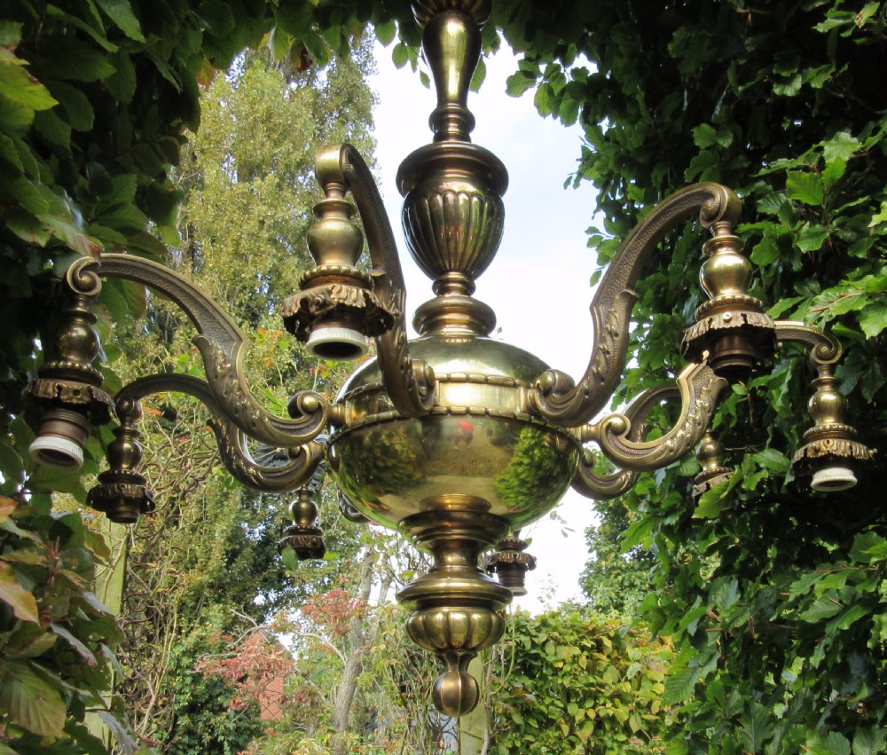LARGE EDWARDIAN BRASS 8 BRANCH CHANDELIER  View VI