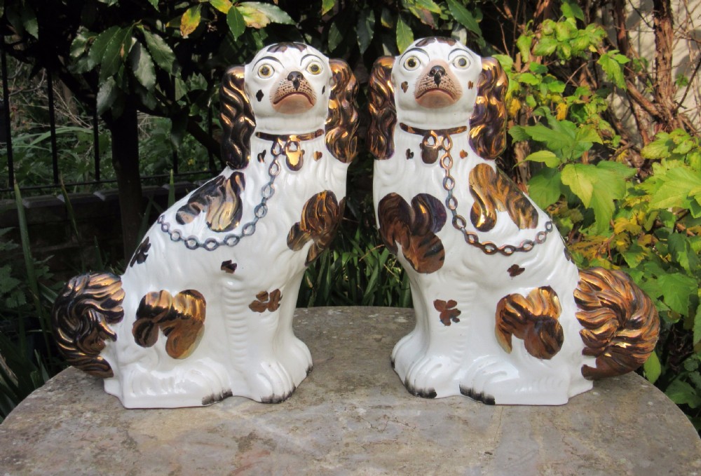SUPER PAIR OF VICTORIAN COPPER LUSTRE STAFFORDSHIRE DOGS c1860