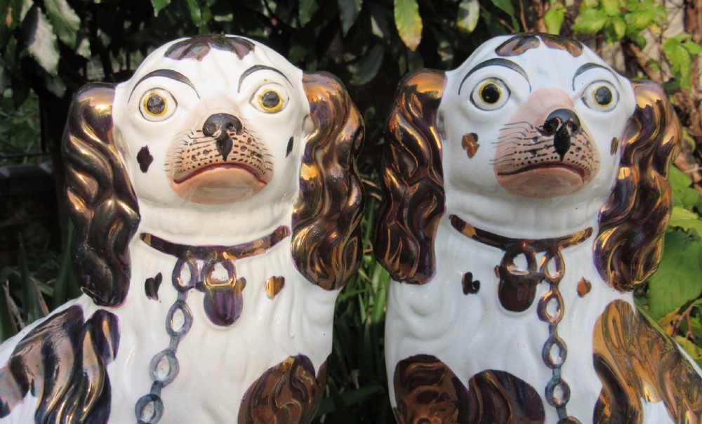 SUPER PAIR OF VICTORIAN COPPER LUSTRE STAFFORDSHIRE DOGS c1860 View II