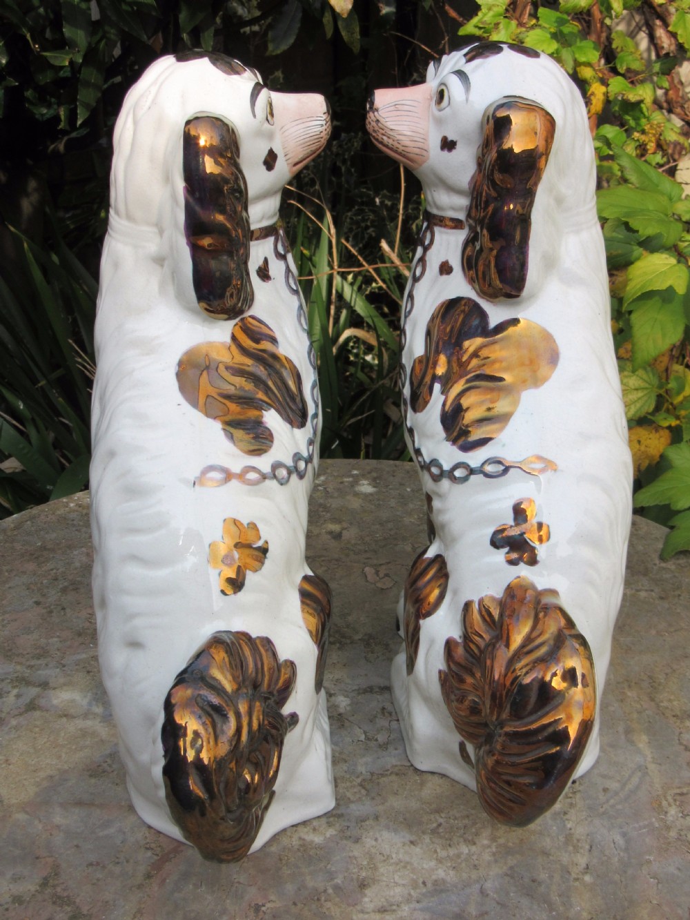 SUPER PAIR OF VICTORIAN COPPER LUSTRE STAFFORDSHIRE DOGS c1860 View III