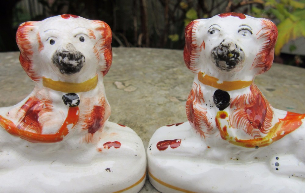PAIR OF SMALL VICTORIAN RECUMBENT STAFFORDSHIRE DOGS c1860 View VI