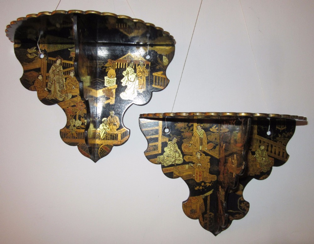 PAIR OF FOLDING LACQUERED PAPIER MACHE WALL BRACKETS c1880 View III