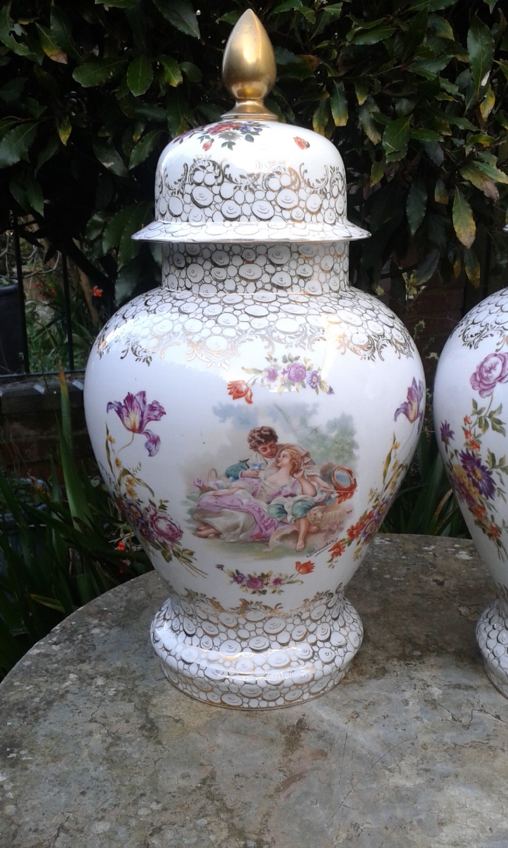 PAIR OF LARGE CONTINENTAL PORCELAIN VASES & COVERS c1910 View II