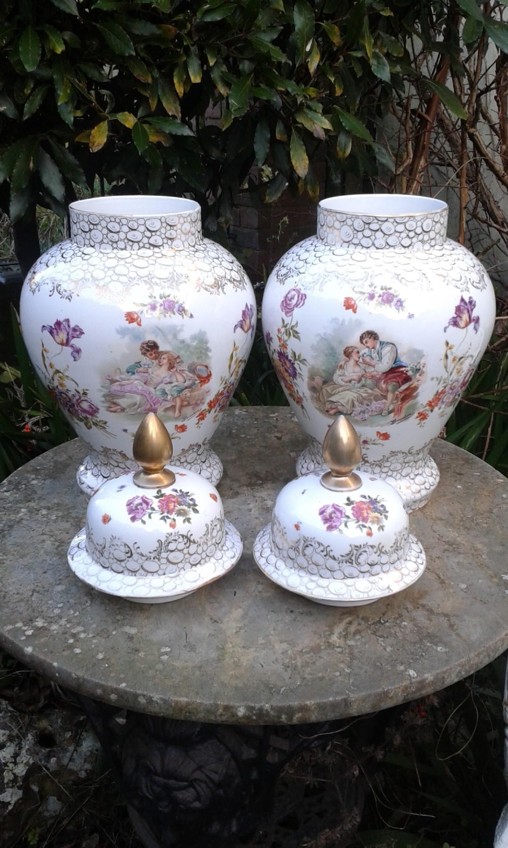 PAIR OF LARGE CONTINENTAL PORCELAIN VASES & COVERS c1910 View IV