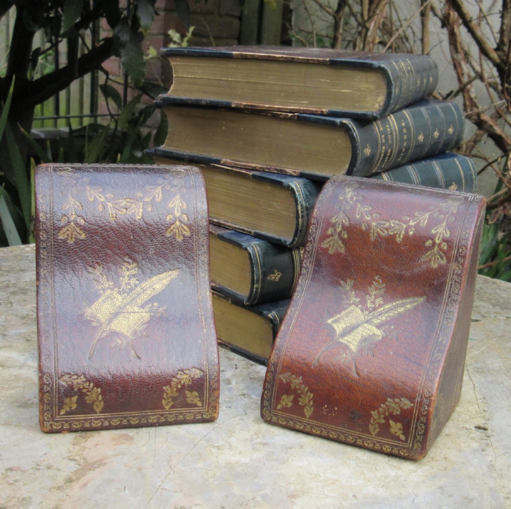 PAIR EDWARDIAN GILT TOOLED LEATHER BOOKENDS c1910