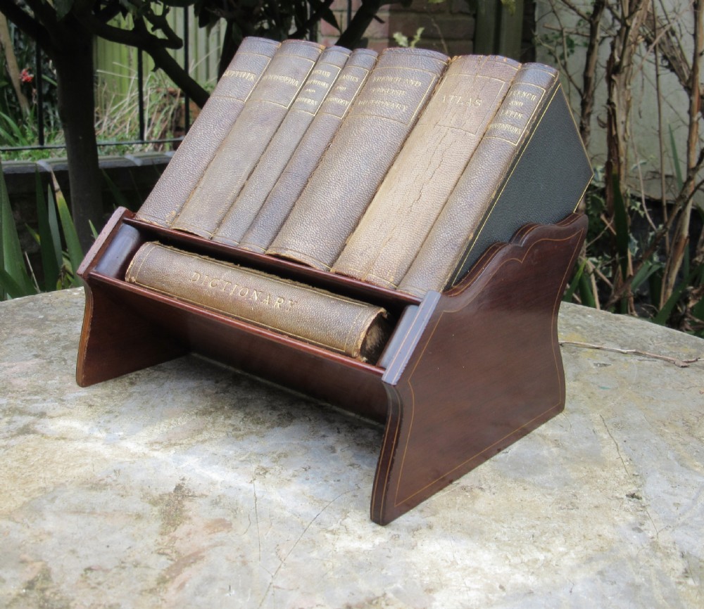 ASPREY'S INLAID MAHOGANY BOOK STAND WITH ORIGINAL REFERENCE BOOKS