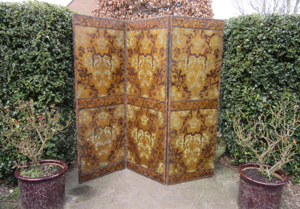 19th CENTURY THREE FOLD EMBOSSED LEATHER SCREEN