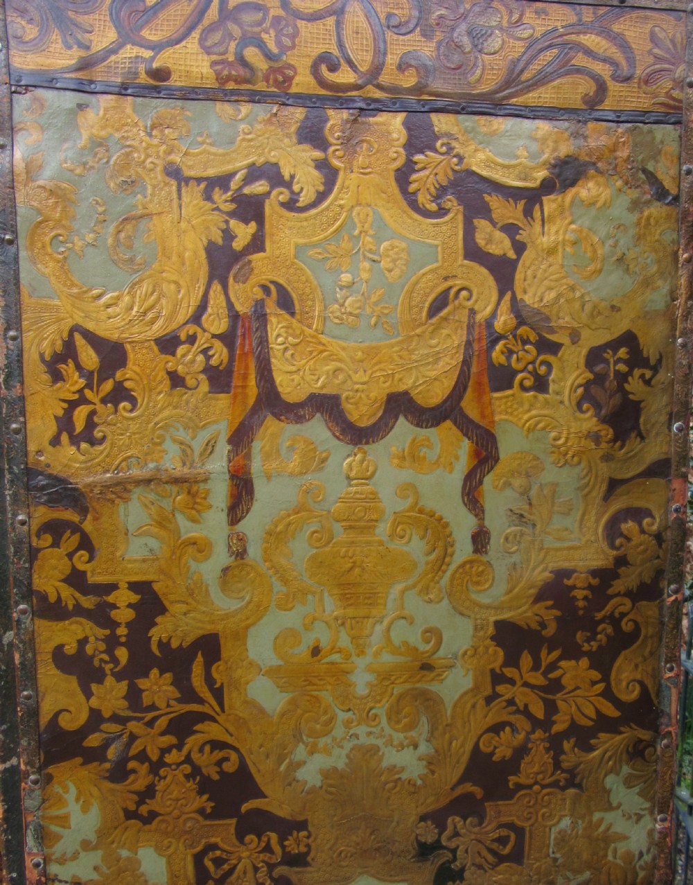 19th CENTURY THREE FOLD EMBOSSED LEATHER SCREEN View II