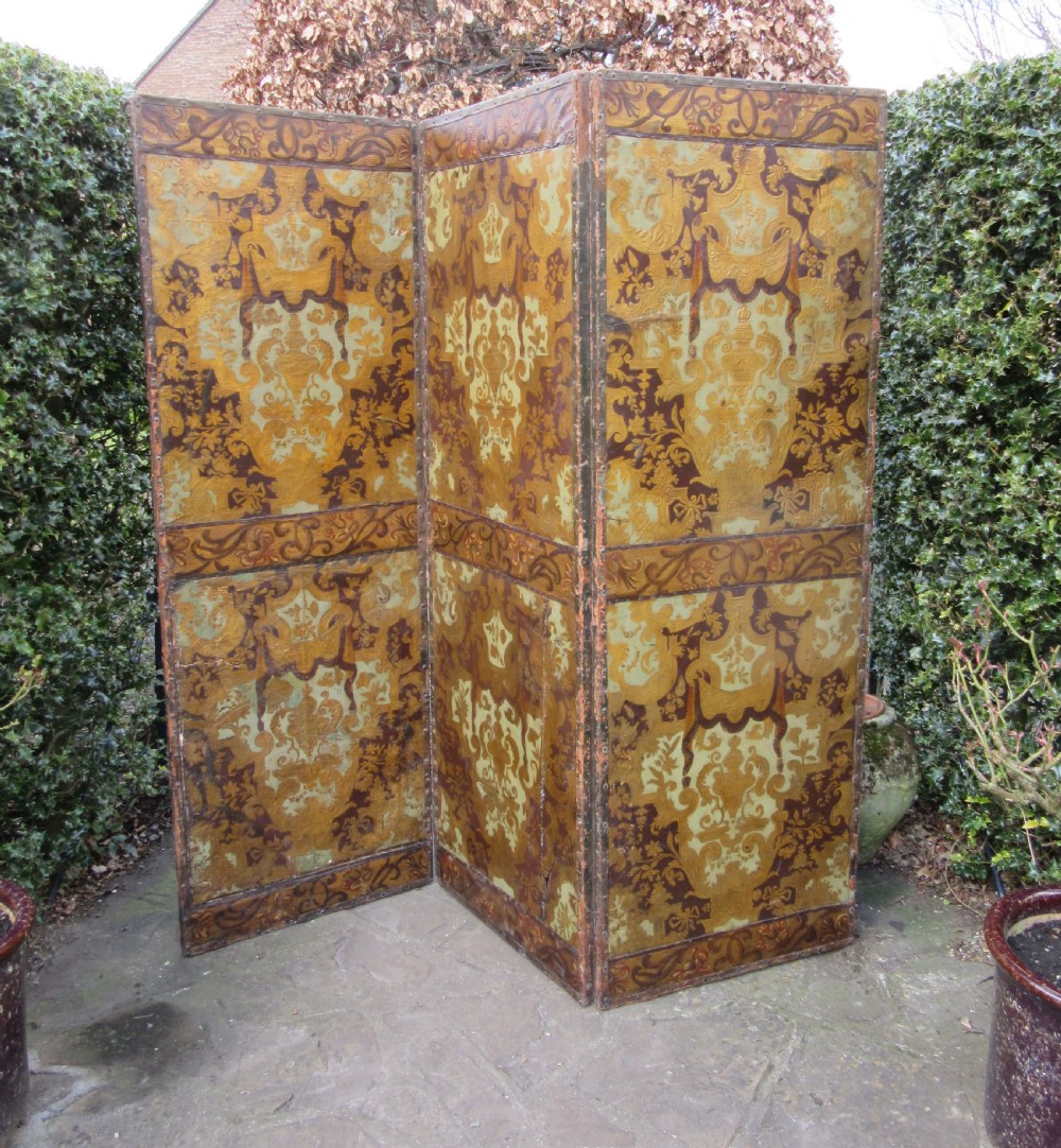 19th CENTURY THREE FOLD EMBOSSED LEATHER SCREEN View VI