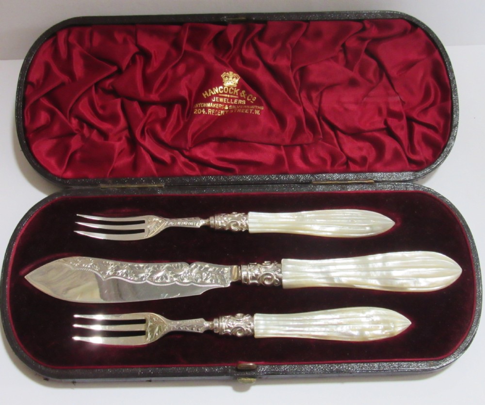 GEORGE UNITE VICTORIAN SILVER & MOP BOXED KNIFE & FORKS BIRMINGHAM 1880