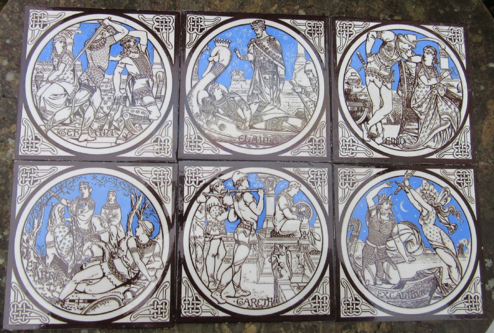 SET OF 6 MINTONS 'IDYLLS OF THE KING' TILES c1880