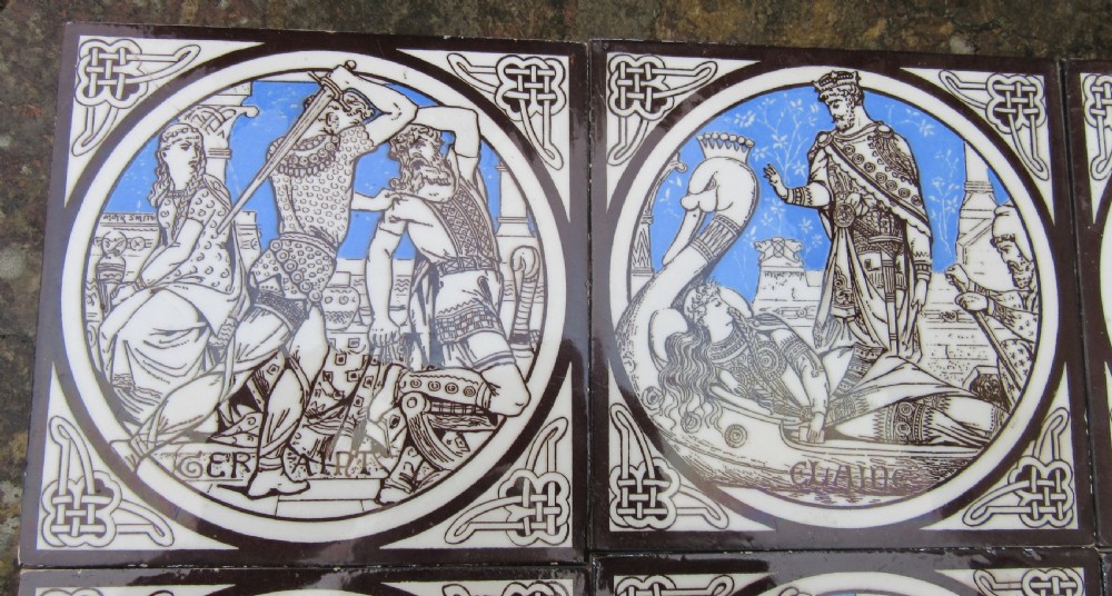 SET OF 6 MINTONS 'IDYLLS OF THE KING' TILES c1880 View III