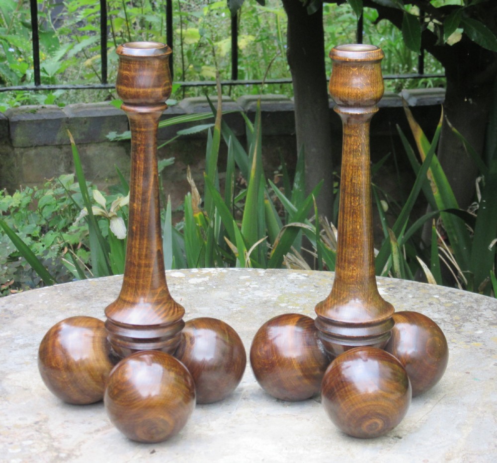 PAIR OF UNUSUAL 1920s TURNED WOOD CANDLESTICKS