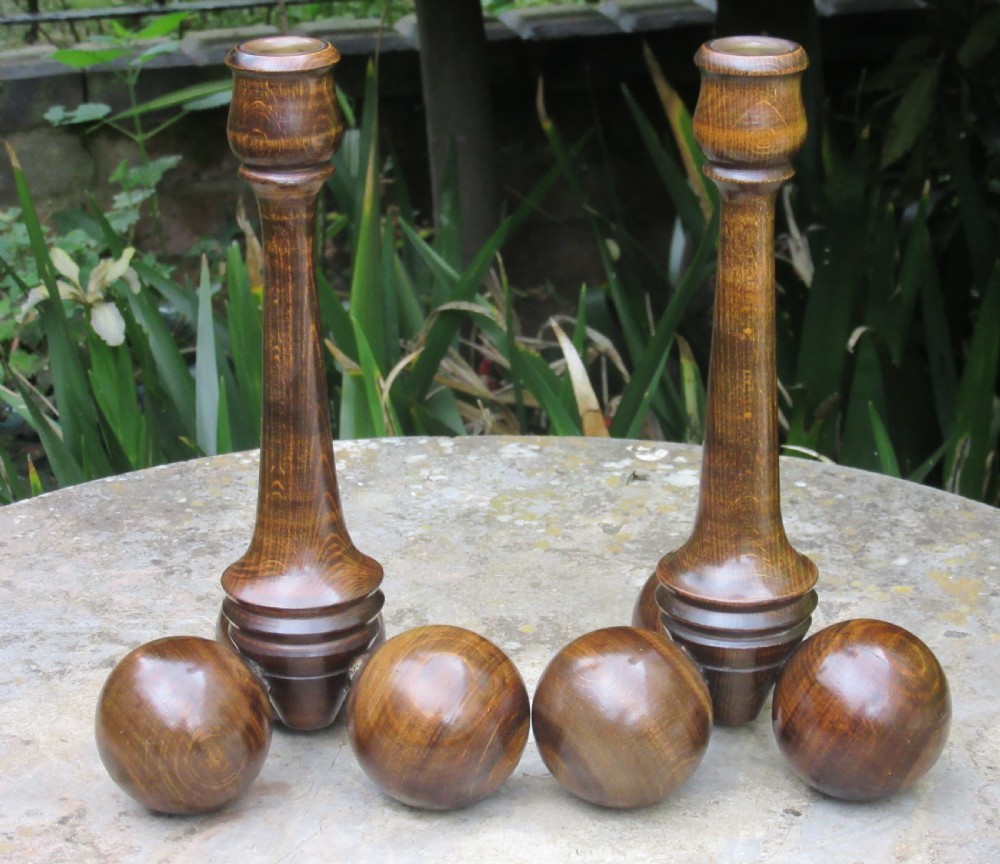 PAIR OF UNUSUAL 1920s TURNED WOOD CANDLESTICKS View III