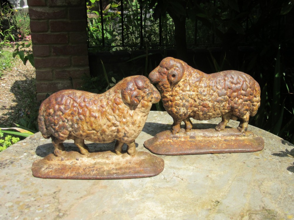 RARE PAIR OF CAST IRON SHEEP DOOR STOPS DOORSTOPS c1860