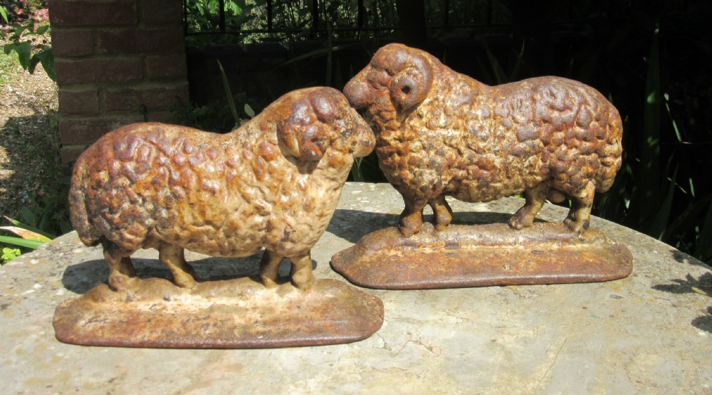 RARE PAIR OF CAST IRON SHEEP DOOR STOPS DOORSTOPS c1860 View V