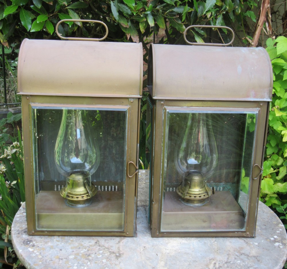 PAIR EDWARDIAN WEATHERED BRASS WALL LANTERNS View II