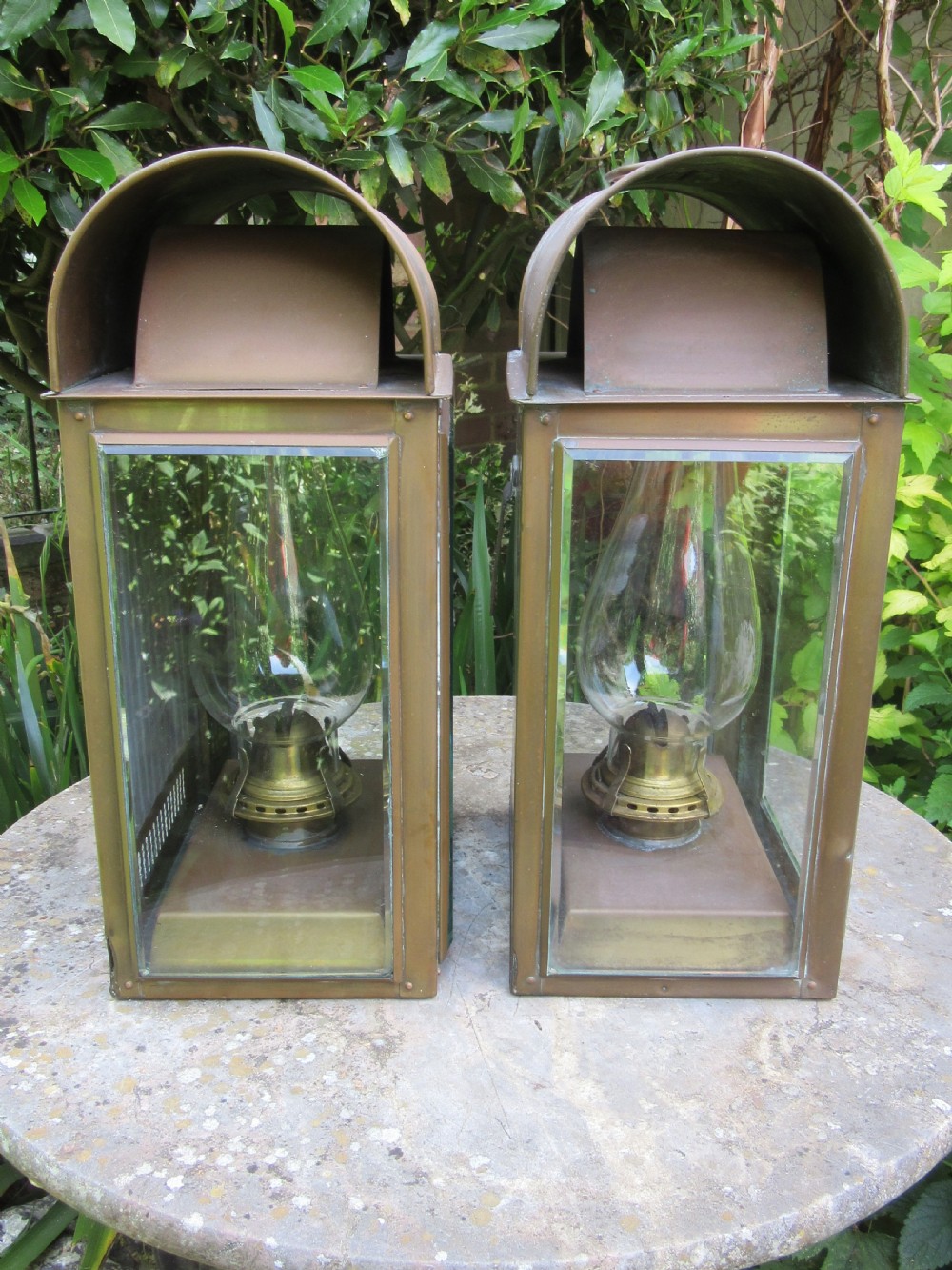 PAIR EDWARDIAN WEATHERED BRASS WALL LANTERNS View V