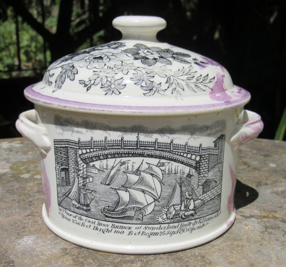SUNDERLAND LUSTRE BUTTER DISH CAST IRON BRIDGE c1860