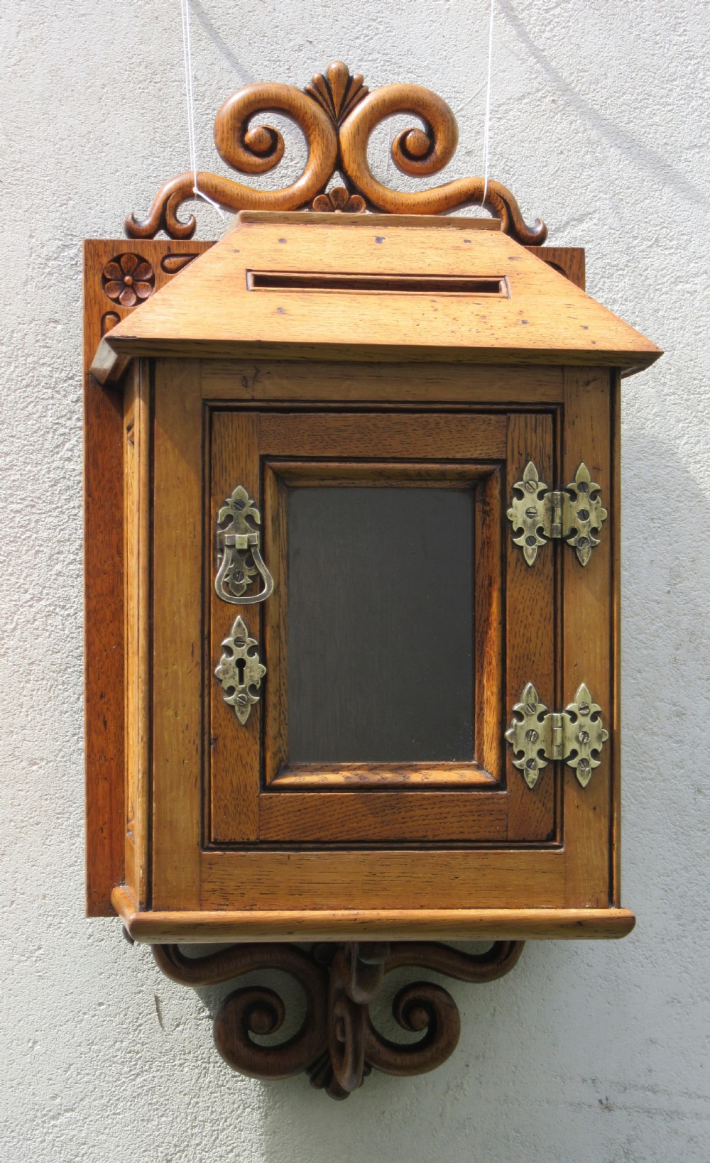 ENGLISH COUNTRY HOUSE HANGING OAK LETTER BOX c1880 View II