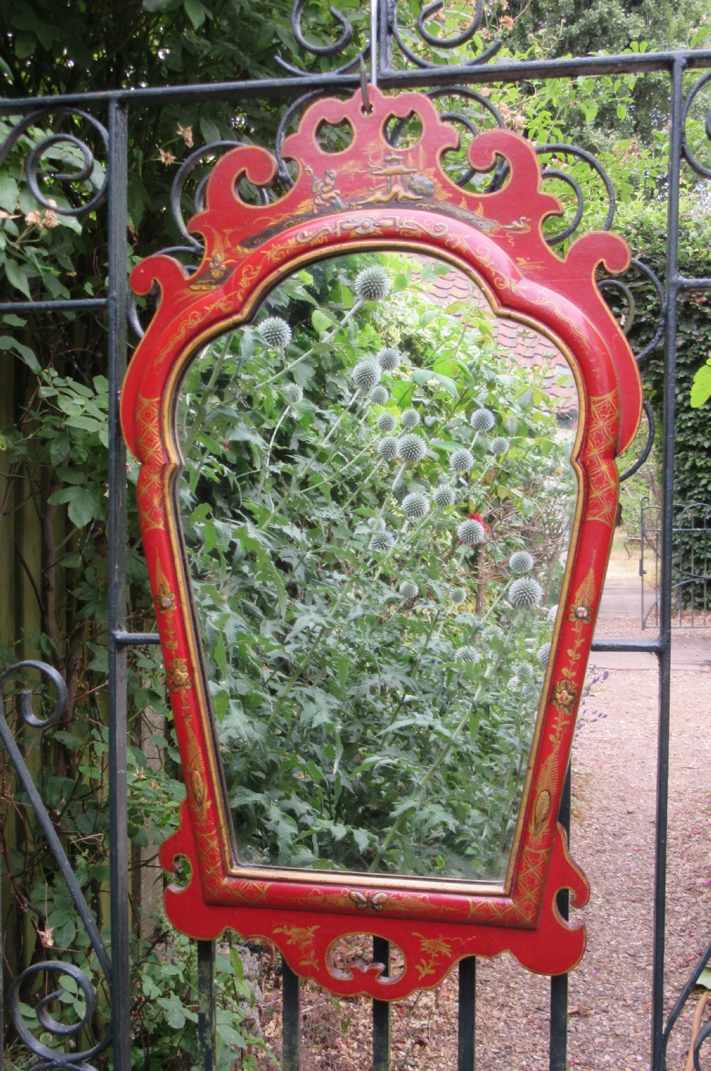 RED LACQUERED CHINOISERIE WALL MIRROR 