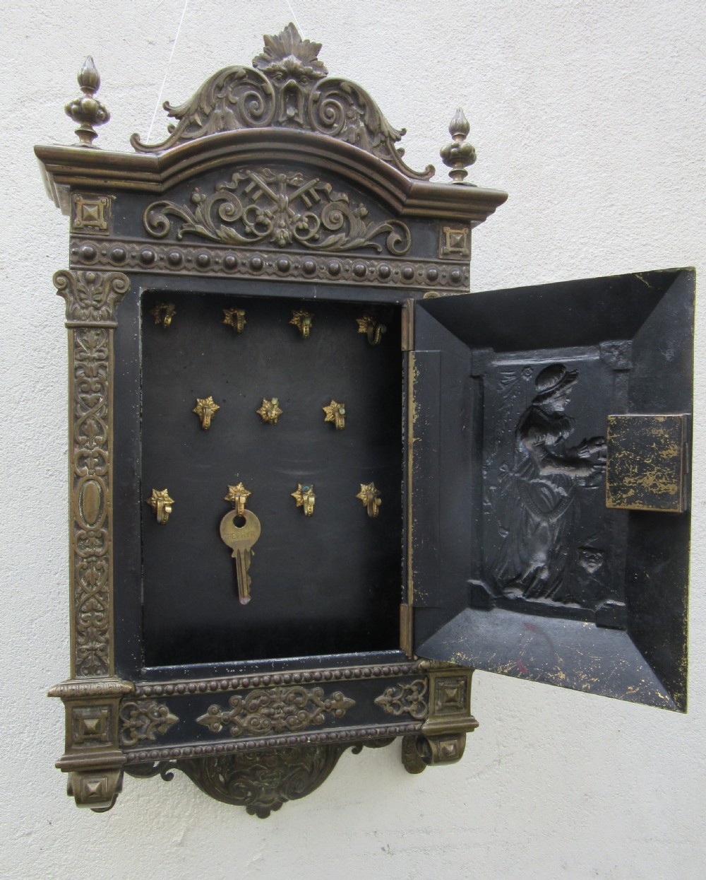 ANTIQUE BRASS AND JAPANNED METAL HANGING KEY CUPBOARD or KEY CABINET View II