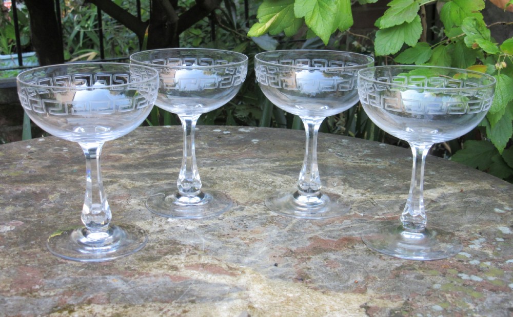 FINE SET OF 4 CUT GLASS GREEK KEY CHAMPAGNE GLASSES c1880
