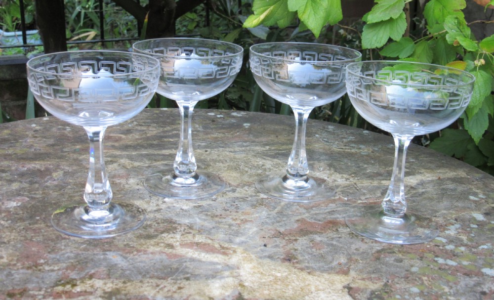 FINE SET OF 4 CUT GLASS GREEK KEY CHAMPAGNE GLASSES c1880 View IV