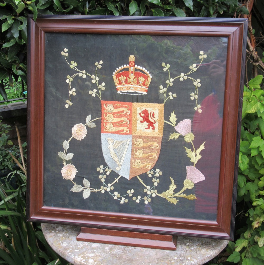 SILK EMBROIDERED ROYAL COAT OF ARMS c1880