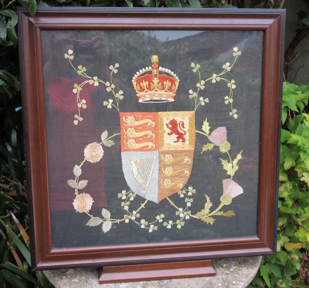SILK EMBROIDERED ROYAL COAT OF ARMS c1880 View II