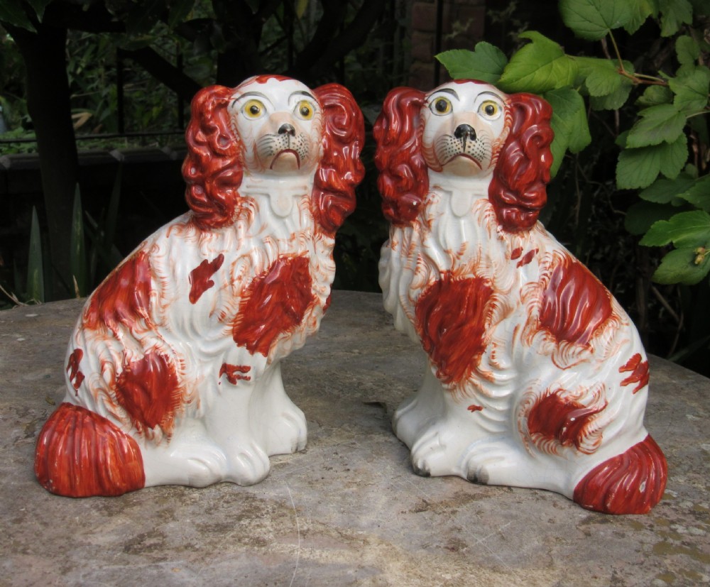 PAIR OF VICTORIAN STAFFORDSHIRE RED & WHITE DOGS c1860 Size 4