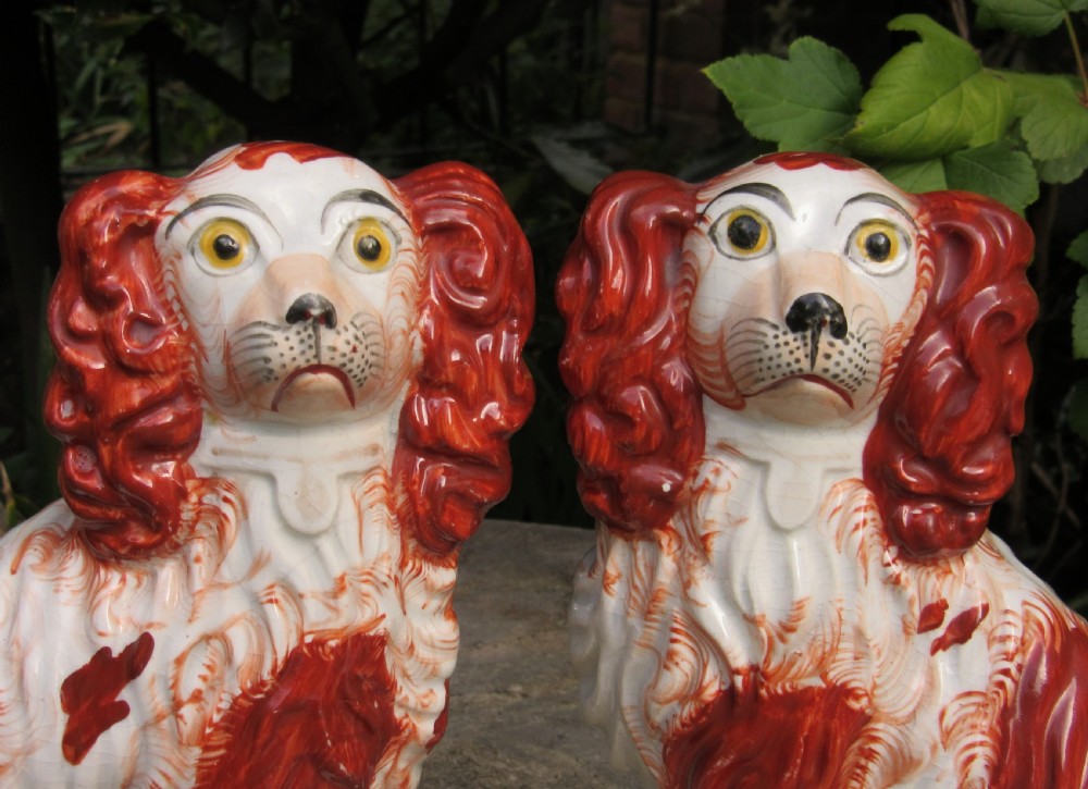 PAIR OF VICTORIAN STAFFORDSHIRE RED & WHITE DOGS c1860 Size 4 View II