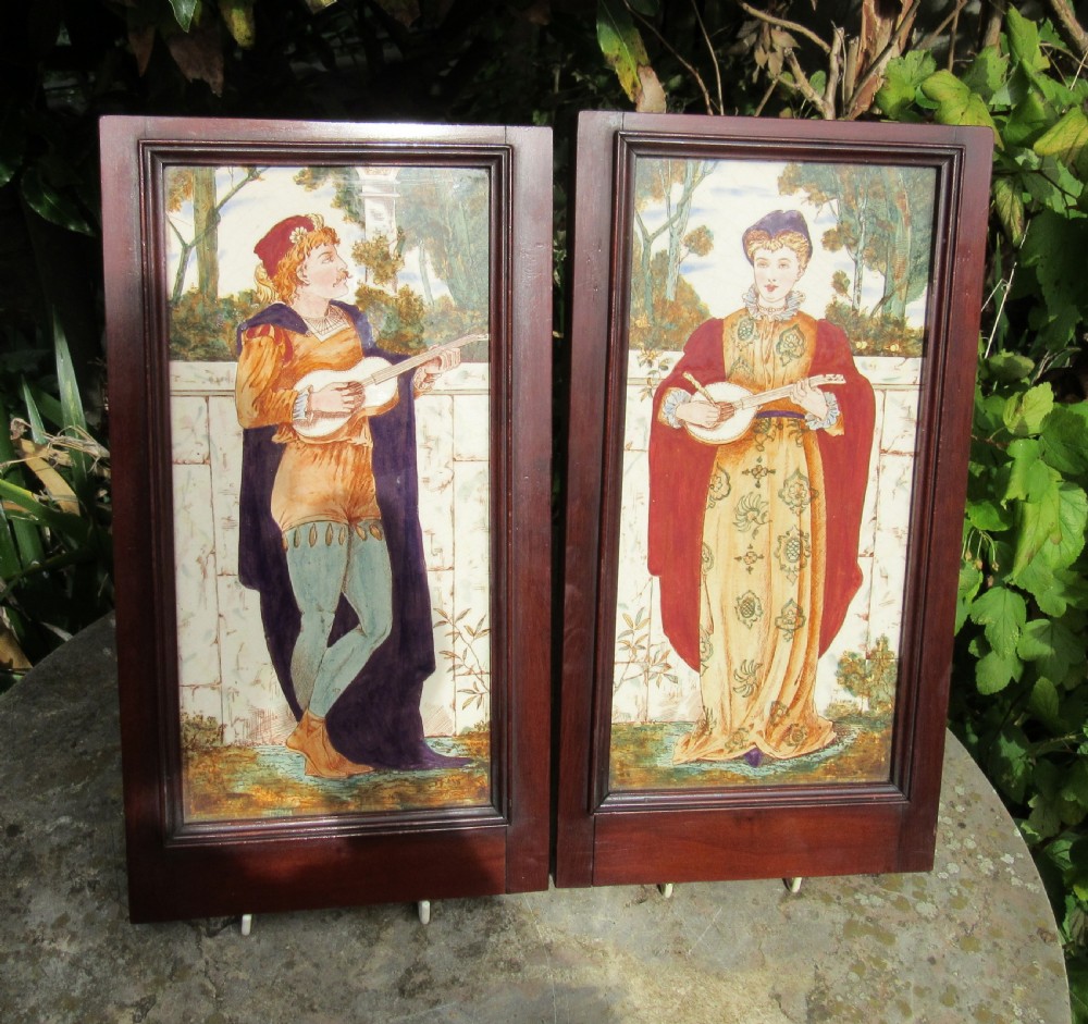 FINE PAIR ROMANTIC MEDIEVAL STYLE FRAMED TILES c1880