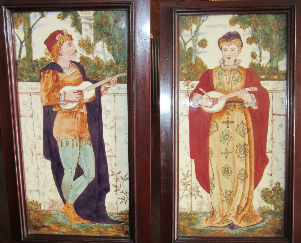 FINE PAIR ROMANTIC MEDIEVAL STYLE FRAMED TILES c1880 View II